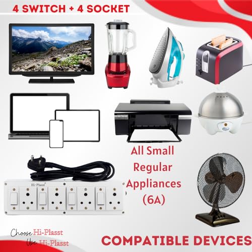 Image of Hi-Plasst 4+4 Pin Extension Board with 4 Switches & 4 Sockets, 6A, 4-Yard Long Cord - Wall-Mountable Power Hub for Home, Office, Diwali Lights, Christmas Decor & Kitchen Appliances