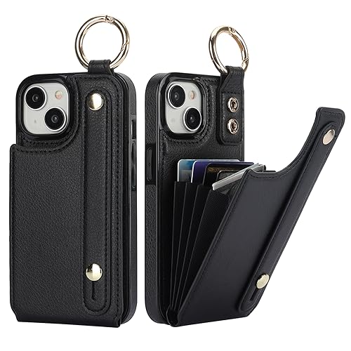 Folosu for iPhone 15 Wallet Case with Card Holder, Hand Wrist Strap Loop Holder Kickstand, RFID Blocking Finger Grip Ring PU Leather Double Buttons Shockproof Cover 6.1