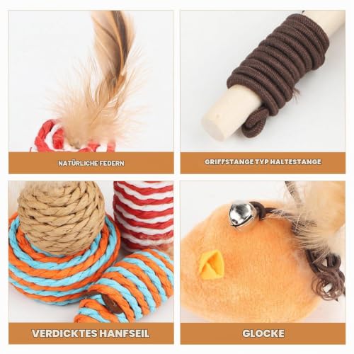 Katzenspielzeug Set, Katzenspielzeug Natur 7 Teile Set, 7-teilig mit Bällen, Mäusen, Federn & Holzangel, fördert Koordination von Kitten, Plastikfrei, Nachhaltig – Für Katzen jeden Al – Bild 5