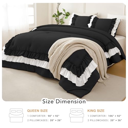 Image of QSH 3PCs Black White Shabby Boho Chic Ruffled Bedding Comforter Queen Size,Farmhouse Vintage Rustic Ruffle Comforter Set Queen Ultral Soft Microfiber Lightweight Fluffy Comforter Set with Pillowcases