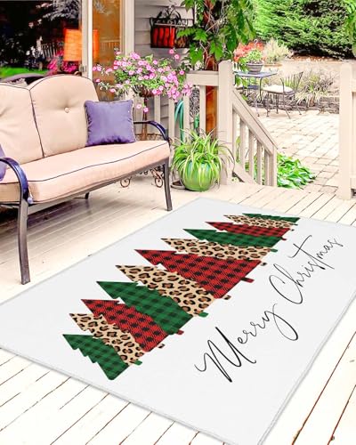 Gavrelixora Outdoor Rug 6x9 Ft, Christmas Trees Large Area Rugs Non-Slip Outside Carpet Runner, Xmas Winter Leopard Printed Plaid Pine Indoor Floor Mats Reversible Carpets for Patio/Balcony/Deck