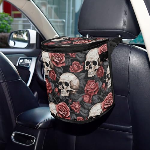 Image of MNSRUU Car Trash Can with Lid, Gothic Skull and Flower Car Trash Bag Hanging Organizers and Storage for Front Back Seat, Leak-Proof Trash Bin