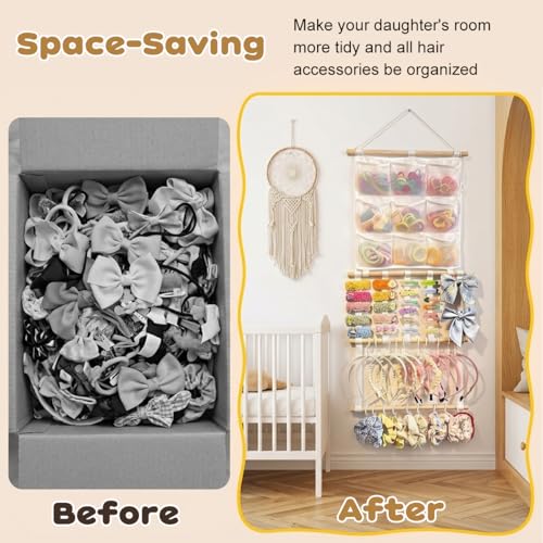 Image of HASTHIP Wooden Hair Accessories Organizer Wall Hanging Bows Hairband Hair Clip Organizer for Girls Women, Multi-Compartment Display Rack Storage with Mesh Pockets, Clip Bars and Headband Holder