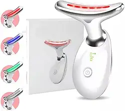 Massageador Facial LED 7 Cores - Modos, Aparelho Anti-Rugas para Rosto e Pescoço, Tratamento Estético Vibratório com Luz LED Para Elevação da Pele Lifting Bivolt Recarregável (Branco)