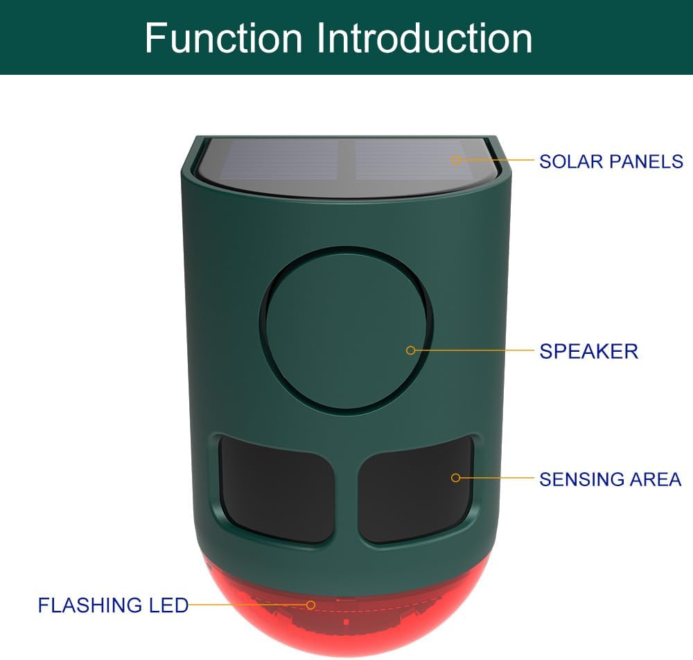 Solar Motion Sensor Alarm Outdoor - 129dB Loud Sound Noise Maker ,Multi-Band high-Frequency Ultrasound Motion Detector ,with Strobe Light， for Yard Farm Garden (2 Pack)