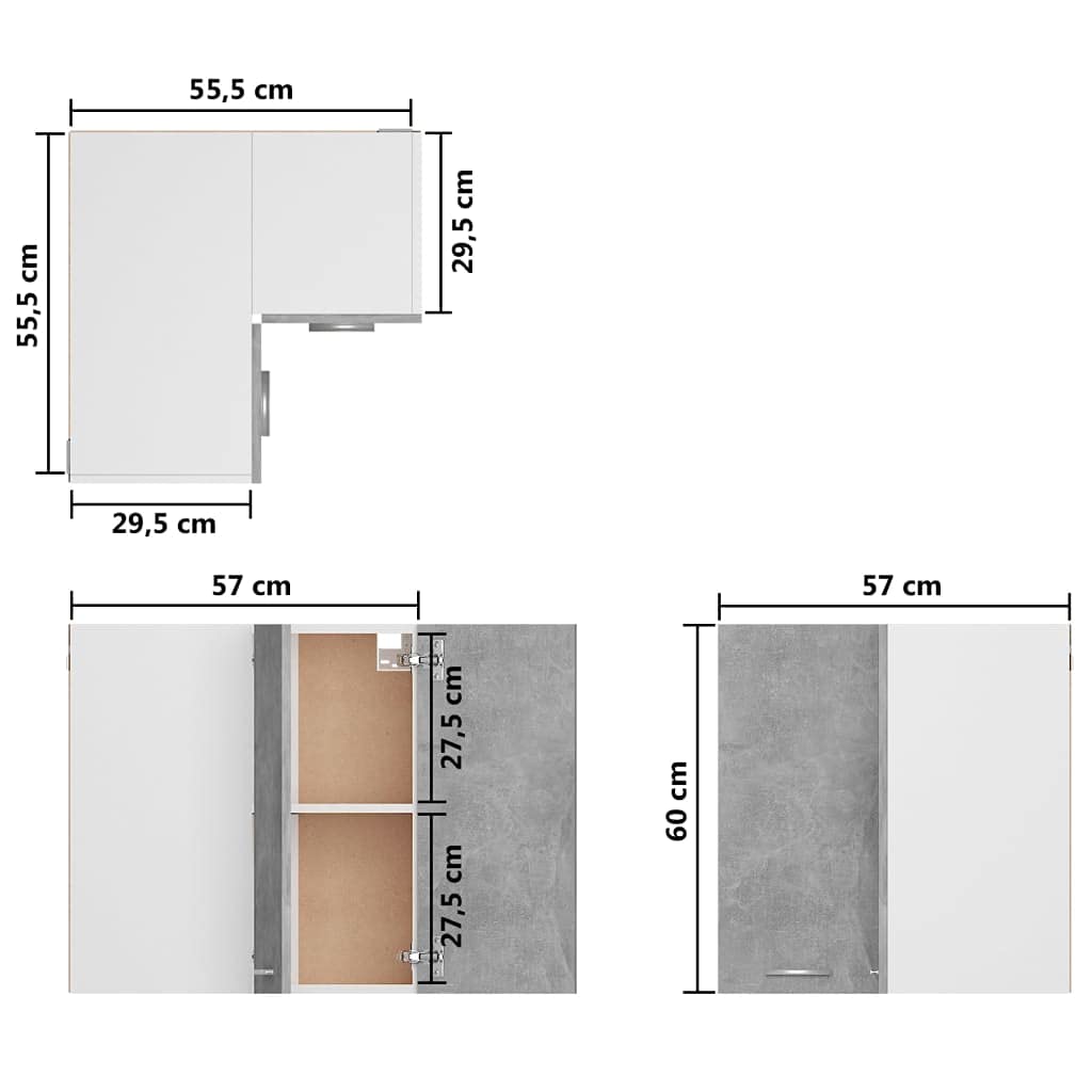 Tomostar Meuble d'angle Haut de Cuisine, Armoire Suspendue Cuisine Armoire d'angle Suspendue Lyon Gris béton Bois d’ingénierie 57 x 57 x 60 cm