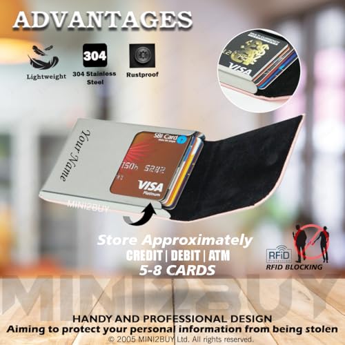 Image of Engraved Your Name Customized On Vertical Card Holder -Luxurious Unisex Design-RFID Blocking Stainless Steel 1 x 10 x 6 cm for Credit|Debit|ATM|Business Visiting Corporate Gift (Pink-PTI)