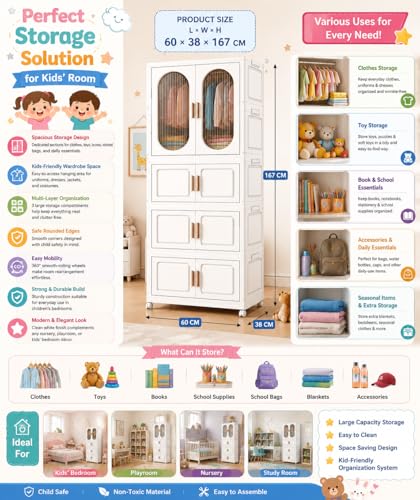 Image of Mevigo Door Plastic Wardrobe for Kids| Almirah and Wardrobe for Baby Clothes| Modular Storage Cabinet with Wheel Organizer for Cupboard Rack for Clothes /Shoes /Books /Toy-White-DL26003