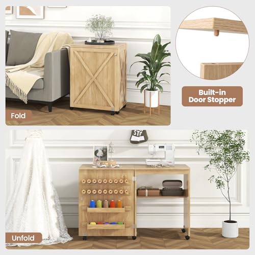image for Giantex Folding Sewing Table - Farmhouse Sewing Machine Cabinet with B