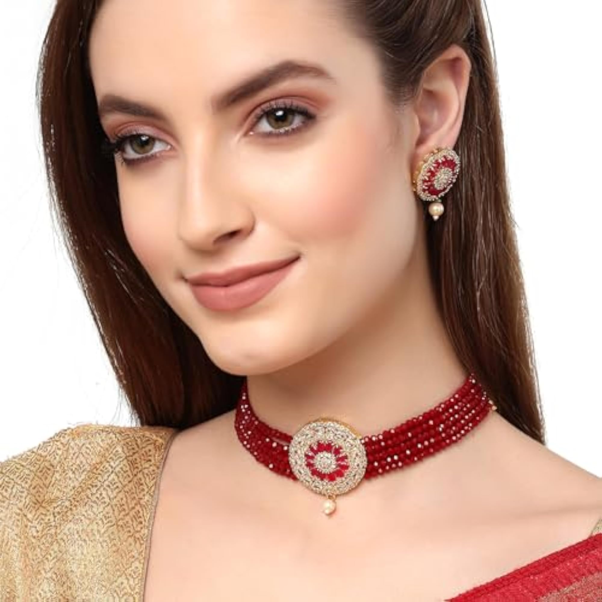 American Diamond Plated Brass Pearl Choker Necklace (Maroon)
