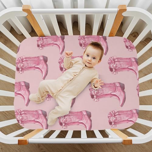 Image of Western Cowgirls Boots Pinks Crib Sheets Soft Breathable Fitted Baby Crib Sheets Mattress Cover for Girls Boys, 52 inch x 28 inch x 9 inch
