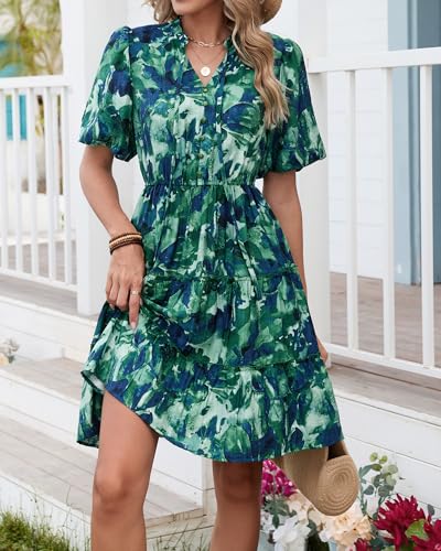 Image of BTFBM Women Summer Floral Short Dresses V Neck Short Sleeve Tiered Ruffle Boho Swing Dress A-Line Mini Dresses
