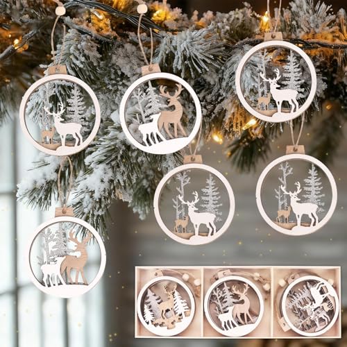 Weihnachstbaum Schmuck Rentier Holz Ornamente 6 Stück,...