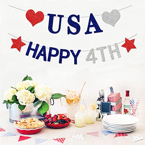 Image of Fourth-4th of July Imemorial-Day Party-Decorations - 8pcs Red White Blue Patriotic Banner Hanging USA Garland Streamers, Paper Tissue Pom Poms Flowers,America Independence Day Decor Lasting Surprise