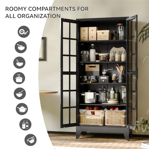 Image of COFaR 71 inch Tall Metal Storage Cabinet with Glass Doors and Shelves, Black | 71-inch metal pantry cabinet with 5-tier storage, 4 adjustable shelves, square-grid glass doors, and black handles