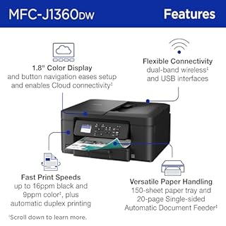 Brother Work Smart 1360 Wireless Colour Inkjet, All-in-One Printer for Home Use, Copy, Scan with Automatic Duplex Printing, 1.8” Color Display and Starter Cartridges (MFCJ1360DW use LC501 Series Ink)