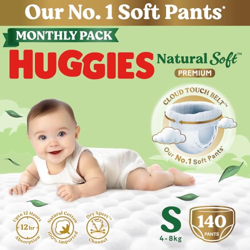 Image of Huggies Natural Soft Premium Baby Diaper Pants, Our No.1 Soft Pants, Small (S) Size (4-8 Kgs), Monthly Pack of 140 diapers | Cloud Softness All over with India's 1st Cloud Touch BeltTM
