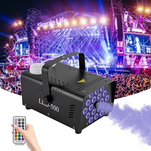 Nebelmaschine Mini Disco Rauchmaschinen mit 18 LED RGB Party Lichtern, 500W und 2500CFM mit 2 Funkfernbedienungen für DJ Bar Weihnachten Halloween Show Club Karaoke Zubehör