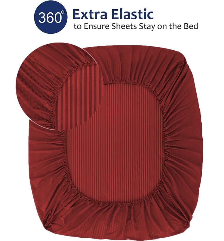 Image of KAWI Satin Cotton 210 TC Striped Elastic Fitted Bedsheet Queen Size (78X72XUp To 6 Inches Mattress)-Red Color