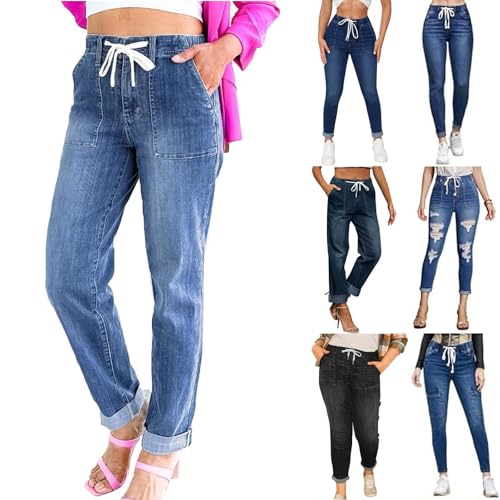 Drawstring Jeans Women Pull On High Waisted Denim Joggers Boyfriend Baggy Cropped Straight Leg Jeans with Pockets