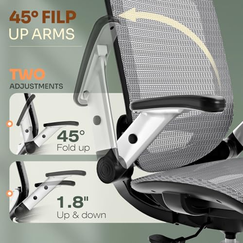 Image of GABRYLLY Ergonomic Office Chair, High Back Home Desk Chair with Headrest, Flip-Up Arms, 90-120 Tilt Lock and Wide Cushion, Big and Tall Mesh Chairs for Man Woman, Grey Task Chair