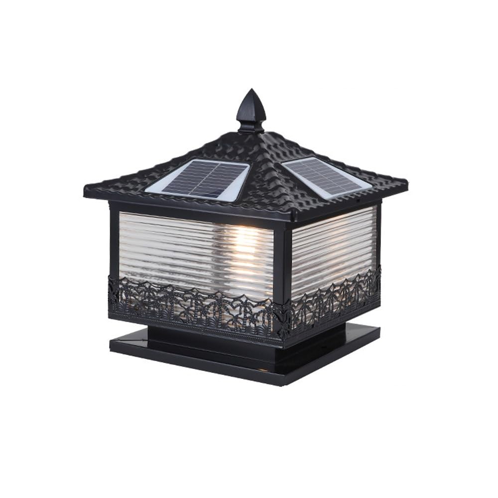 Solar Post Cap Lamp with Remote Control Modern Column Outdoor Lantern Street Lighting Fixture for Garden Patio Yard Balcony and Entryway(Black,Small)