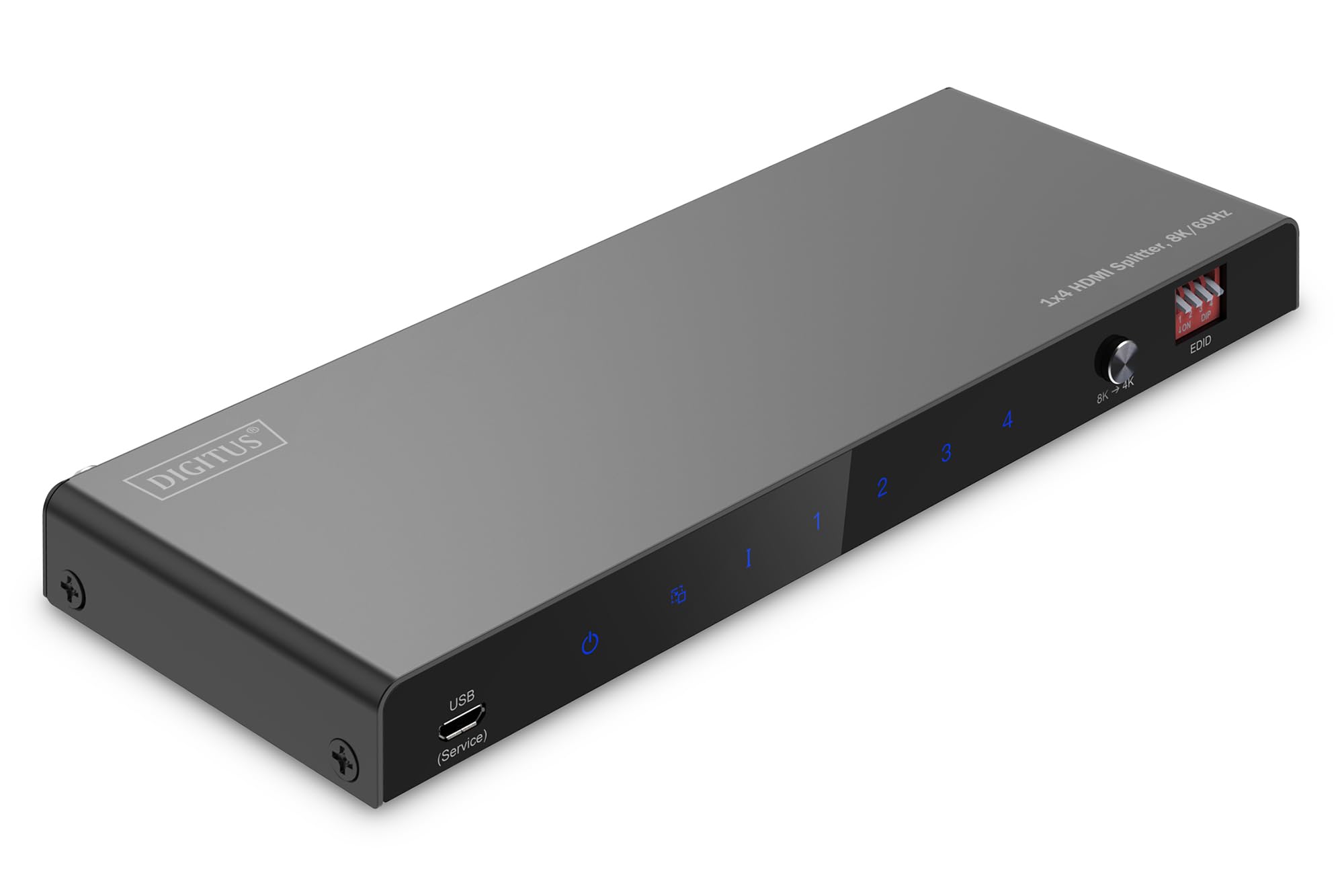 DIGITUS DS-55340 Rozdzielacz HDMI 1x4 - Wejście: 1-port/Wyjście: 4-port - UHD 8K/60 Hz HDTV: 7680 × 4320p - HDCP 2.3 i HDMI 2.1 - HDR, Deep Colour, przełącznik EDID - Toslink, Stereo (3,5 mm)