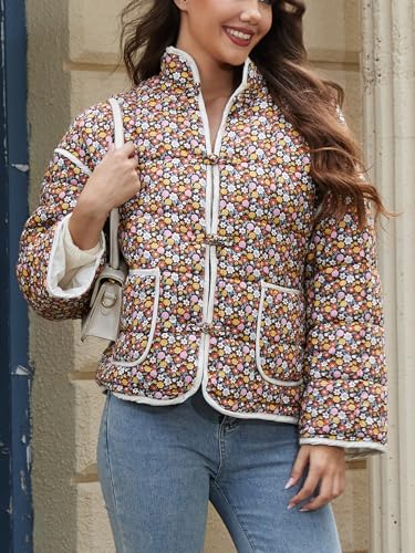 Muchpow Quilted Puffer Jacket for women Floral Printed Lightweight Cropped Button Down Outerwear with Pockets3