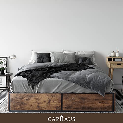 Caphaus Industrial Metal Storage Bed Frame With 4 Drawers, Space Saving Platform Bed Frame, Mattress Foundation With Metal Slat Support, Noise-Free, No Box Spring Needed, Full Size, Rustic Oak #TOP2