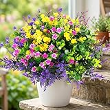 Hananona 12 Pcs Artificial Flowers Outdoor, Faux Artificial Plants UV Resistant Plastic Flower Bulk for Hanging Planter Porch Window Home Wedding Fall Summer Decor (12, Fuchsia, Purple, Yellow, Green)