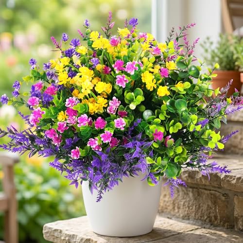 Hananona 12 Pcs Artificial Flowers Outdoor, Faux Artificial Plants UV Resistant Plastic Flower Bulk for Hanging Planter Porch Window Home Wedding Fall Summer Decor (12, Fuchsia, Purple, Yellow, Green)