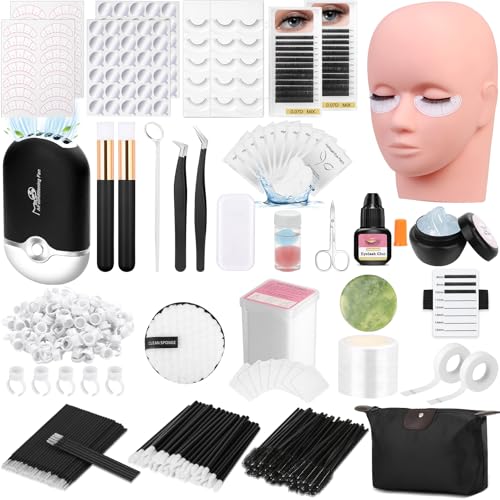 Lashes Kit for Eyelash Extension Beginner Lash Tech Starter Kit with Eye Lash Mannequin Head, Professional Eyelash Extension Kit with Lash Fan, Extension Glue and Eyelash Remover for Practice Training