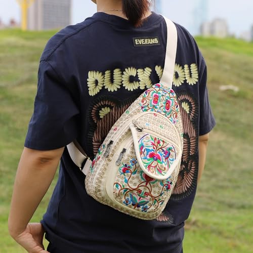 Image of SILKAREA Vintage Floral Small Sling Bag for Women's Chest Purse Handbag Shoulder Bag Travel Embroidered Backpack Purse (Beige Red)