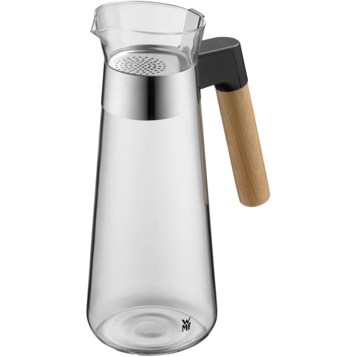 WMF Kineo Wasserkaraffe, 1 Liter, weite Öffnung, herausnehmbares Sieb, passt ins Getränkefach handelsüblicher Kühlschränke, spritz- und tropffreies Ausgießen, hitzebeständiges Glas, Holzgriff