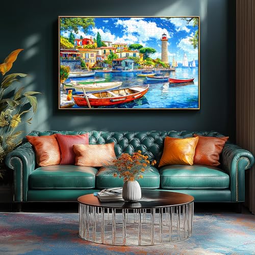 1000 Piece Jigsaw Puzzle for Adults Seaside Harbor Colorful Houses Lighthouse Sailboats Scene Beautiful Mediterranean Sea Landscape Challenging Coastal Village Puzzle for Adults Families27.6 x19.7 by MINIWAN - Used condition - Image 3