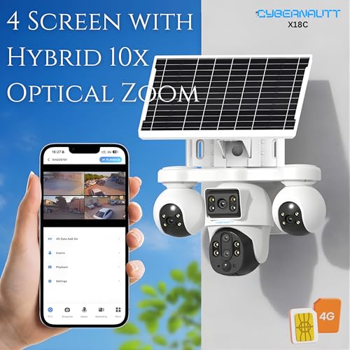 Image of XUGA-Cybernautt Series X18C 16MP 4 Lens PTZ Solar 4G Sim Outdoor CCTV Camera | 3 Lens Mobile Operated | Color Night Vision | Motion Detection | Water Proof | Use Air-tel 4G Sim