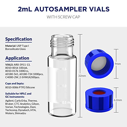 Image of 2mL Autosampler Vials, 9-425 HPLC /GC Clear Vials with Screw Cap, 1000 Pcs | 2mL HPLC Vials with Writing Area and Graduations, Screw Cap, White PTFE & Red Silicone Septa