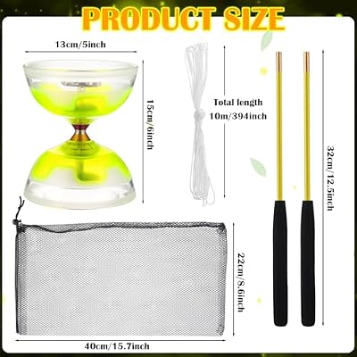 Chinese Yoyo Diabolo Set Includes 5 Inch Colorful LED Diabolo Light Up with 2 Pieces Diabolos Sticks, 1 Piece String and 1 Piece Net Bag for Fun Christmas Gifts (Yellow)