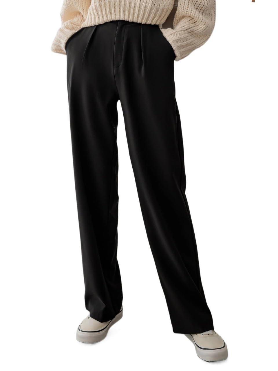 Womens Fall Solid Color Pleated Pocket Straight Pants Trousers