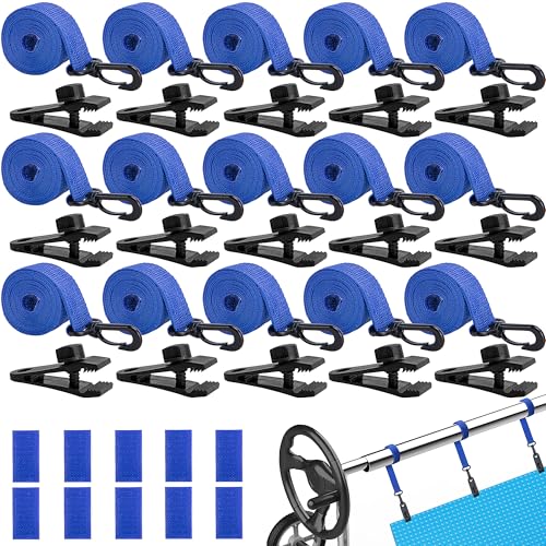 codree 36 Pcs Pool Solar Cover Reel Attachment Kit Inground Swimming Pool Solar Cover Straps and Clips Solar Blanket Strap Kit Including 12 Straps with Hooks 12 Clips and 12 Touch Fastener (Blue)
