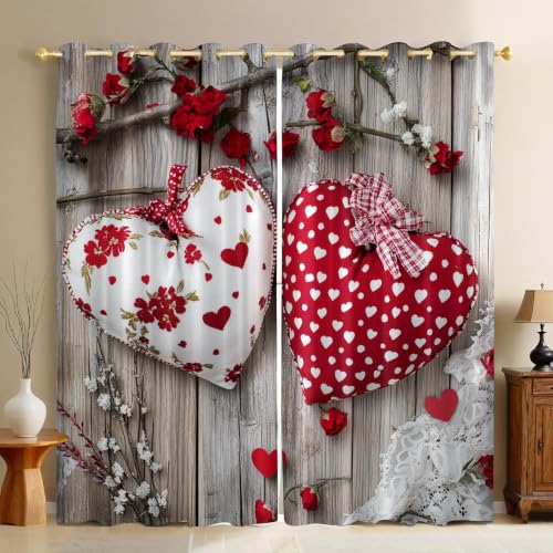 Rideaux Occultants Fleurs et cœurs Lot de 2 Thermiques, Phoniques et Anti Froid avec Œillets Rouge pour Chambre, Salon ou Véranda 117L X 229H cm