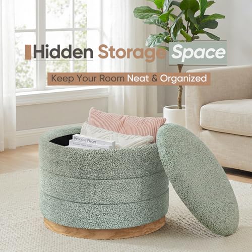 ZOLANOful Round Storage Ottoman with Tray Lid, Folding Chenille Fabric Footrest with Hidden Storage, 22.8" Large Footstool Side Table for Dorm Living Room Bedroom, Wood Grain Base, Sage Green by ZOLANOful - Image 3