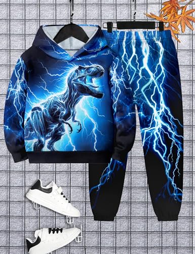 Image of Boys Clothes, T-Rex Print Dinosaur Boy Clothes Fall Winter Outfits Long-sleeved Hooded Sweatshirt Pants 2Pcs Set