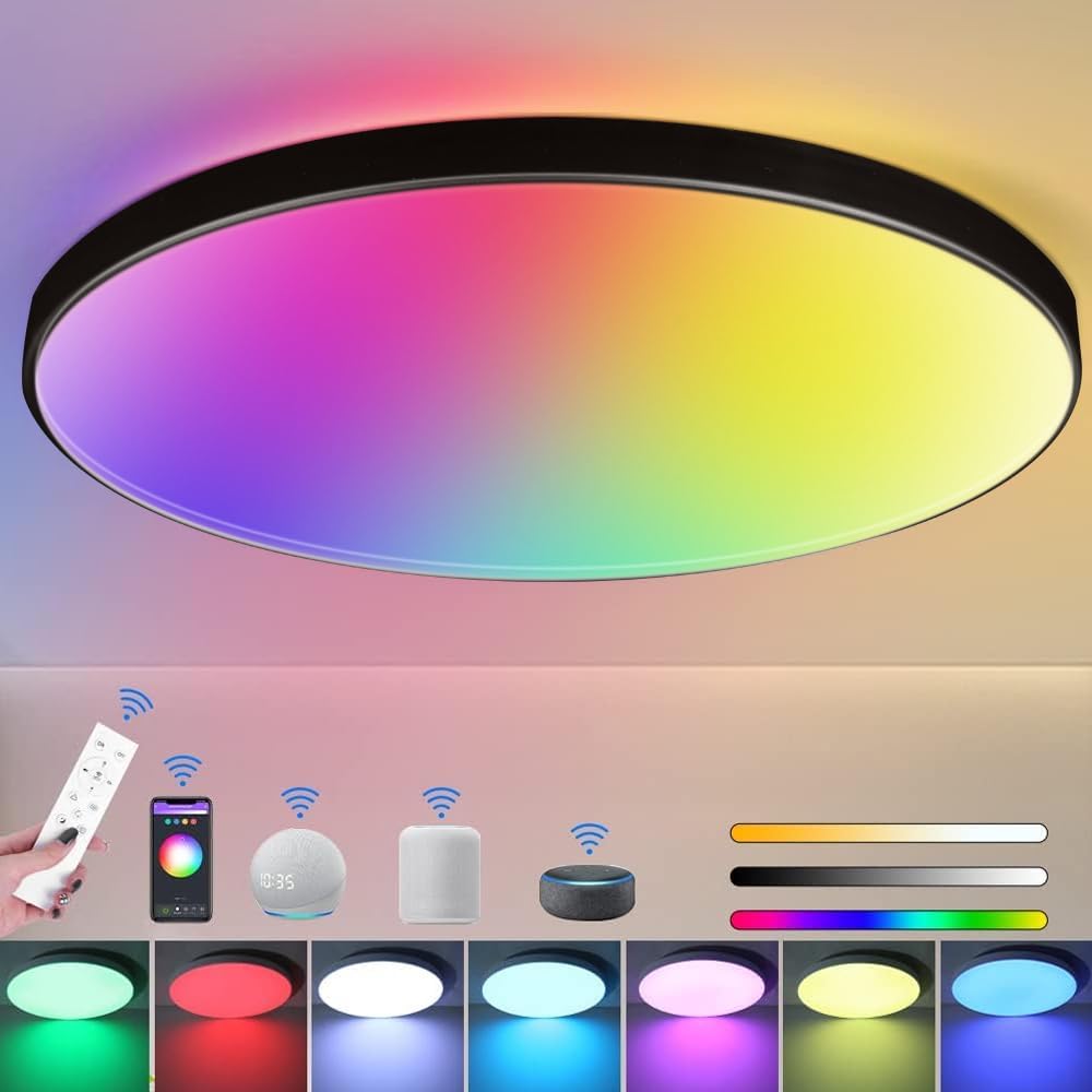 CANMEIJIA Flush Ceiling Light RGB 24W, Bluetooth Bedroom Ceiling Light Black, APP Changes 16 Million Colors Remote Control, 3000K-6500K Color Temperature, 2.4G Induction Dimming For Living room