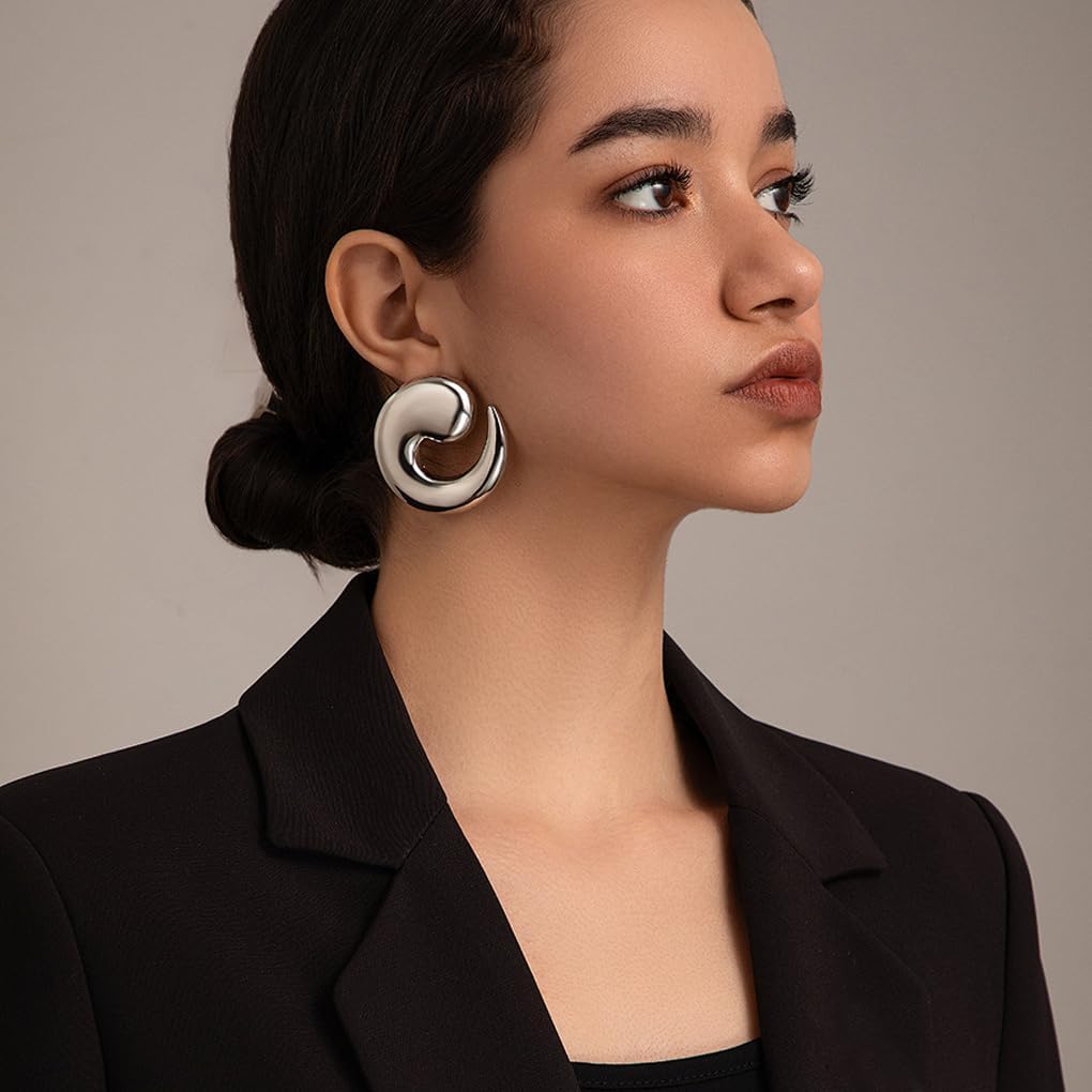 Chunky Gold Spiral Stud Earrings for Women Minimalist Silver Geometric Large Thick Drop Dangle Earrings Trendy Punk Statement Jewelry Accessories - Image 3