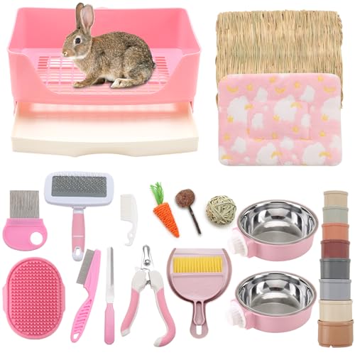 25 Pcs Large Rabbit Starter Kit, Bunny Litter Box with Drawer Animal Grooming Kit Stacking Cups Bowl Blankets Mat with Cleaning Set for Adult Guinea Pig, Ferret, Hamster, Bunnies Accessories (Pink)