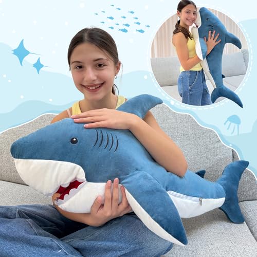 Image of MorisMos 39inch Giant Shark Stuffed Animal, Large Stuffed Shark Plush Toys Pillow Gift for Kids Girlfriend, Blue
