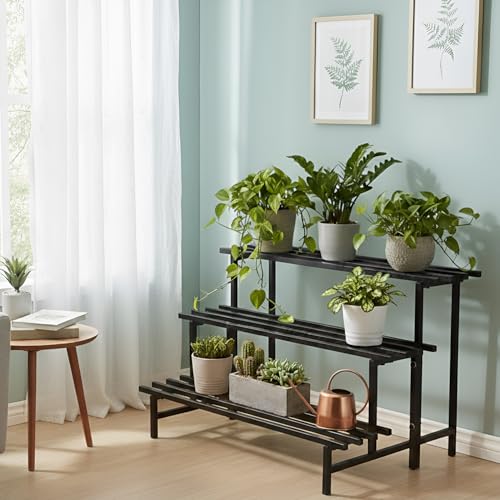 Pivalo 3-Tier Rectangular Plant Stand Anti-Rust Metal Shelf Flower Pot Holder Outdoor & Indoor Planters Gamla Stands for Balcony & Living Room Home Decor (Set of 1, Black)