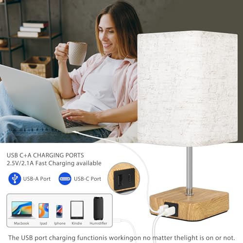 Touch Bedside Table Lamp,Dimmable Touch Control Nightstand Lamps with USB-C&USB-A Charging Ports,Small Lamp Wood Base Beige Flaxen Fabric Shade for Bedroom,Living Room,Office,Dimmable Bulb Included - Cosy Home Interiors Touch Bedside Table Lamp,Dimmable Touch Control Nightstand Lamps with USB-C&USB-A Charging Ports,Small Lamp Wood Base Beige Flaxen Fabric Shade for Bedroom,Living Room,Office,Dimmable Bulb Included - Image 2