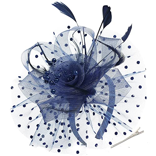 Myjoyday Women's Fascinators, Feathers Tea Party Hat, Veil Headband With Hair Clip For Cocktail Church (Dark Blue) #TOP3
